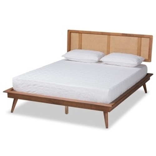Baxton Studio Nura Mid-Century Modern Walnut Brown Finished Wood and Synthetic Rattan King Size Platform Bed - Lot 276