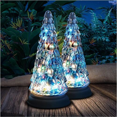 Glass Tree Figurine Solar Powered, 2 Pack Solar Table Lamp with Fairy Light Gift Waterproof for Tabletop Step Garden Patio Lawn - Lot 4718