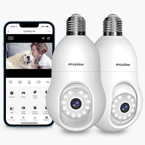 LaView 4MP Bulb Security Camera 2.4GHz,360° 2K Security Cameras Wireless Outdoor Indoor Full Color Day and Night, Motion Detection, Audible Alarm, Easy Installation, Compatible with Alexa (2 Pack) - Lot 4747