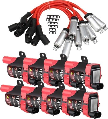 Pindex 8 Pack D585 Ignition Coils and 748UU 8mm Spark Plug Wires Compatible with Chevy Silverado GMC CADILLAC Chevrolet LS1 LS3 4.8L 5.3L 5.7L 6.0L C1251 UF262 12622553 12656210,Round - Lot 4749