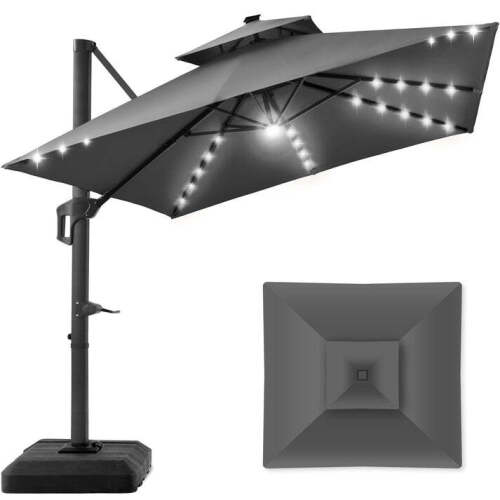 2-Tier Square LED Cantilever Offset Umbrella w/ 360 Rotation, Base - 10x10ft - Lot 4750
