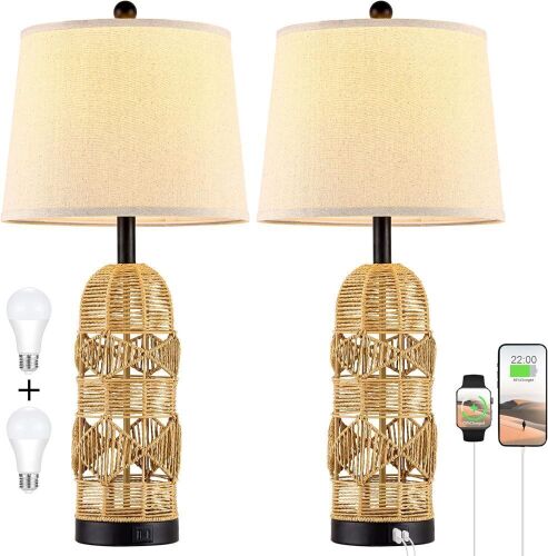 28.5" Rattan Table Lamps for Living Room, Touch Lamps for Bedrooms Set of 2, Night Lamps for Nightstand with Beige Linen Lamp Shade(Bulbs Included) - Lot 4758