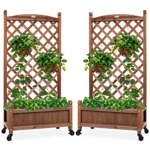 Set of 2 Wood Planter Box & Lattice Trellis w/ Optional Wheels - 48in - Lot 4817