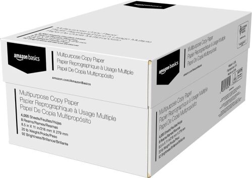 Amazon Basics Multipurpose Copy Printer Paper, 8.5" x 11", 20 lb, 8 Reams, 4000 Sheets, 92 Bright, White - Lot 4884