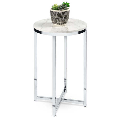 Round Coffee Side Table w/ Faux Marble Top, Metal Frame - 16in - Lot 4970
