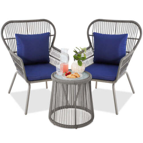 3-Piece Patio Wicker Conversation Bistro Set w/ 2 Chairs, Glass Top Table - Lot 4976
