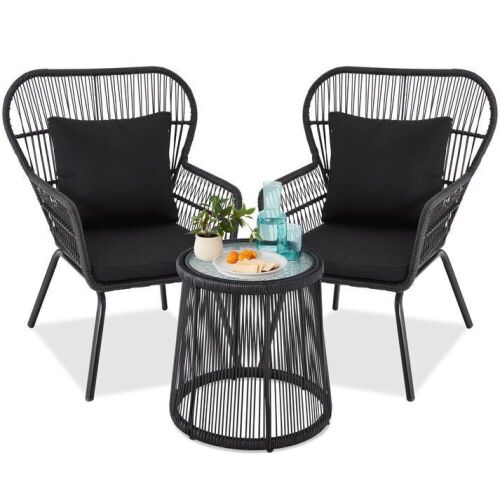 3-Piece Patio Wicker Conversation Bistro Set w/ 2 Chairs, Glass Top Table  - Lot 94