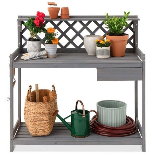Wooden Garden Potting Bench Workstation w/ Cabinet Drawer, Open Shelf  - Lot 422