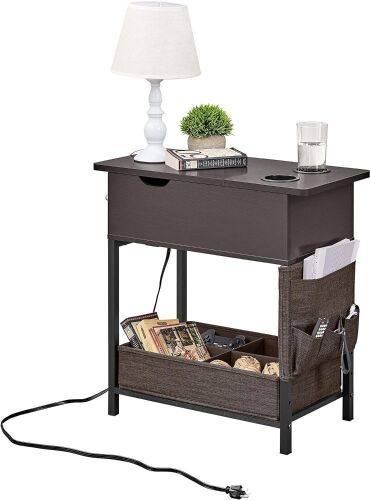 Lovitgo Narrow Sofa Side Table with USB Ports, Cup Holder & Fabric Drawer - Lot 451