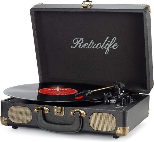 Retrolife 3-Speed Bluetooth Suitcase Portable Belt-Driven Record Player with Built-in Speakers RCA Line Out AUX in Headphone Jack  - Lot 520