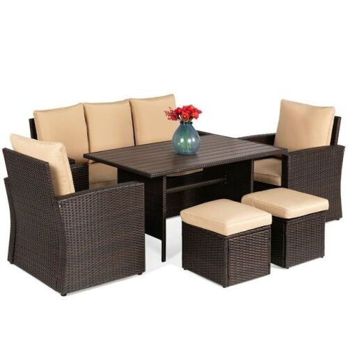 7-Seater Conversational Wicker Dining Table, Outdoor Patio Furniture Set w/ Cover - Brown/Beige - Lot 10