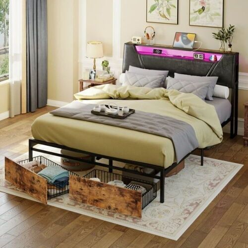 IRONCK Queen Bed Frame with Storage Headboard, Charging Station, LED Lights, 2 Under-bed Drawers - Lot 32