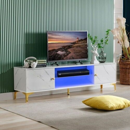 COSVALVE 62.3" Modern White Marble Print TV Stand with 24 Colors LED Light, 2 Storage Cabinets, 2 Shelves - Lot 28