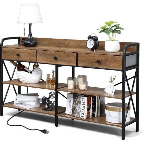 Winado Extra Long Entryway Table with Metal Frame and X-Shaped Design with Outlet and USB Ports - Lot 30