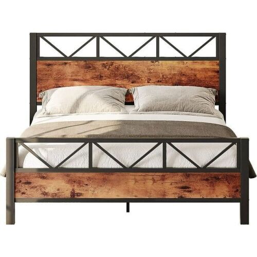 LIKIMIO Full Size Bed Frame, Tall Industrial Headboard/Metal Support/Solid and Stable/Vintage Brown - Lot 31