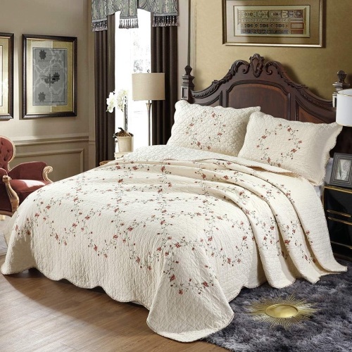 vctops 3-Piece Elegant Floral Embroidered Bedspread Coverlet Set Oversize Queen 100% Cotton Reversible Patchwork 1 Quilt and 2 Pillow Shams (Flower,Oversize Queen) - Lot 74