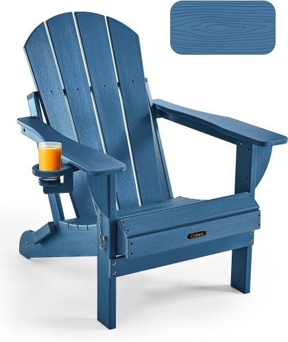 Ciokea Folding Adirondack Chair Wood Texture, Patio Adirondack Chair Weather Resistant, Plastic Fire Pit Chair with Cup Holder, Lawn Chair for Outdoor Porch Garden Backyard Deck (Navy Blue) 32.9"D x 29.4"W x 35.8"H - Lot 149