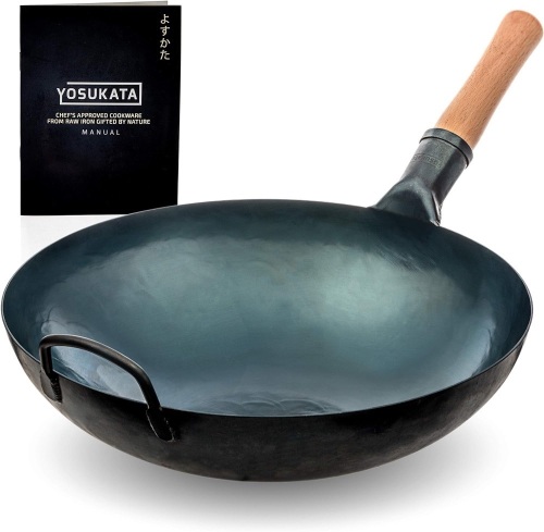 YOSUKATA Blue Round Bottom Wok Pan – 14" Woks and Stir Fry Pans - Chinese Hammered Pow Carbon Steel - Traditional Chinese Japanese Woks (14", Blue) - Lot 99
