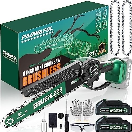 Battery Powered Cordless Mini Chainsaw 8 inch with Brushless Motor, Handheld Small Power Chain Saws Electric 2X Battery Operated Chainsaws Hand Saw with 2X 8'' Saw Chains for Trees Prunning Trimming - Lot 201