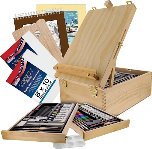 U.S. Art Supply 95 Piece Wood Box Easel Painting Set - Oil, Acrylic, Watercolor Paint Colors and Painting Brushes, Oil Artist Pastels, Pencils - Watercolor, Sketch Paper Pads - Canvas, Palette, Knifes 14.75"D x 10.75"W x 6"H - Lot 202