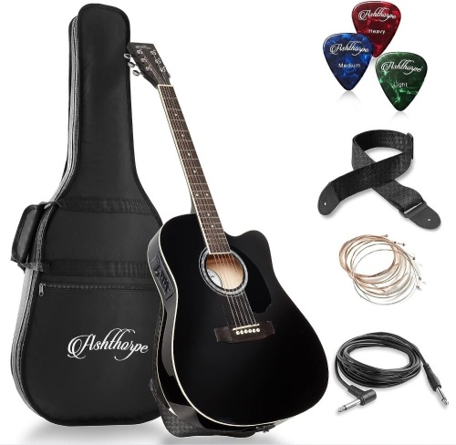 Ashthorpe Full-Size Cutaway Thinline Acoustic-Electric Guitar Package - Premium Tonewoods - Black - Lot 248