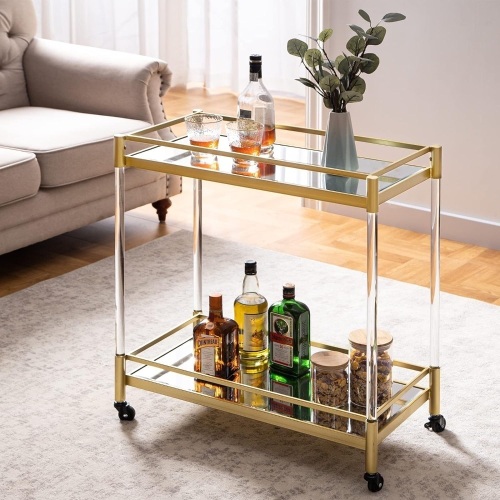 SICOTAS Bar Cart Gold, Home Bar Serving Cart Dining Cart with Wheels, Kitchen Storage Cart Wine Cart with 2 Mirrored Shelves Holders, Glass Caddy for Kitchen, Dining Room 14"D x 27"W x 30"H - Lot 214