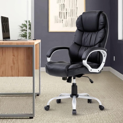Ergonomic Office Chair with Armrests Lumbar Support，250LBS High Back Adjustable Desk Chair PU Leather Swivel Rolling Computer Chair Executive Task Chair for Study Home Meeting Room for Adults,Black 21"D x 26"W x 48"H - Lot 215