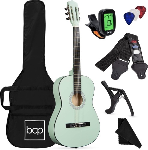 Best Choice Products 38in Beginner All Wood Acoustic Guitar Starter Kit w/Gig Bag, Digital Tuner, 6 Celluloid Picks, Nylon Strings, Capo, Cloth, Strap w/Pick Holder - SoCal Green - Lot 222