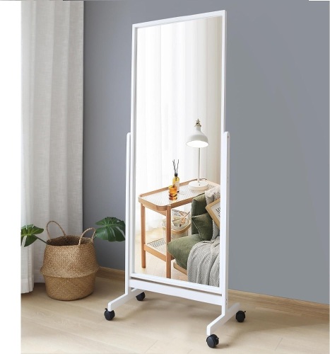 AISUNDY Full Length Mirror Floor Mirror with Wheels, 64"x22", Large Standing Mirror Tilting Mirror Swivel Mirror with Wood Frame & Stands, Cheval Bedroom Dressing Mirror Full Body Mirror, White - Lot 378