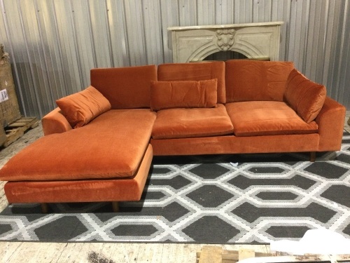 Retro Look Sectional 91" x 70" x 33"damaged unloading (tear in back fabric and arm damage from being dragged) - Lot 7