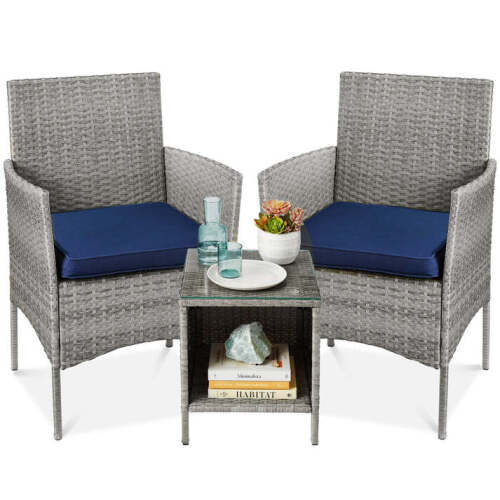3-Piece Outdoor Patio Wicker Bistro Set w/ Side Storage Table - Lot 5192