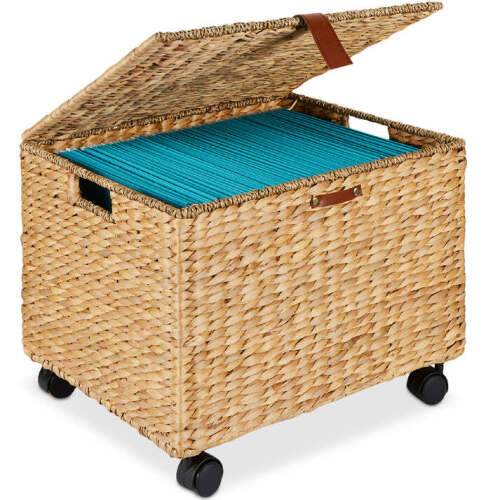 Mobile Water Hyacinth Rolling Filing Cabinet Storage Basket w/ Lid, Wheels - Lot 5229