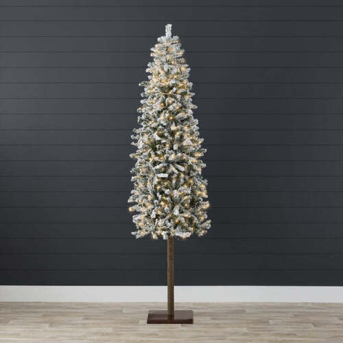 Pre-Lit Snow Flocked Alpine Slim Pencil Christmas Tree w/ LED Lights, Stand - Lot 5354