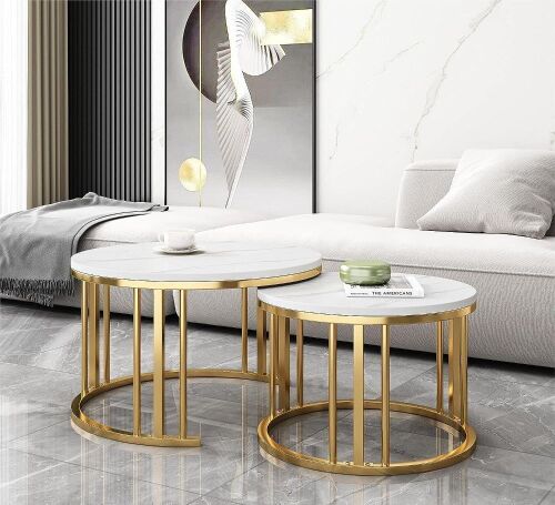 Round Nesting Coffee Table Set with Metal Frame, Gold, 28" & 20" Tops - Lot 524