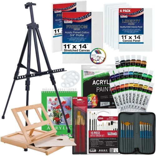 U.S. Art Supply 72-Piece Artist Acrylic Painting Set with Aluminum Field Easel, Wood Table Easel, 24 Acrylic Paint Colors, 34 Brushes, 8 Canvases, Pad - Lot 573