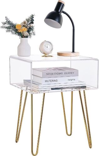 HMYHUM Acrylic Nightstand with Metal Legs, 18.1'' L x 15'' W x 23.4'' H - Lot 575