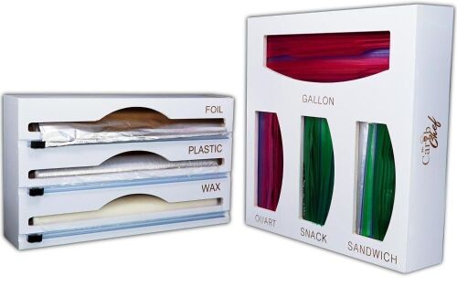 White Bamboo Storage Bag Organizer for Kitchen Drawer Foil and Plastic Wrap Dispenser with Cutter - Lot 497