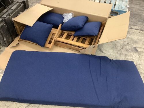 Outdoor Convertible Acacia Wood Futon Sofa w/ 4 Pillows, Removable Cushion - Needs Repair  - Lot 464