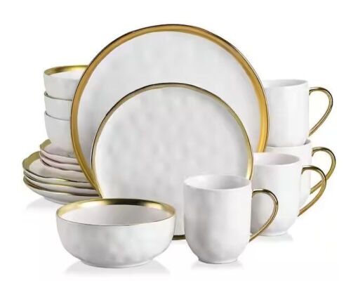 Sweet 16-Piece White Golden Edge Stoneware Dinnerware Set  - Lot 152