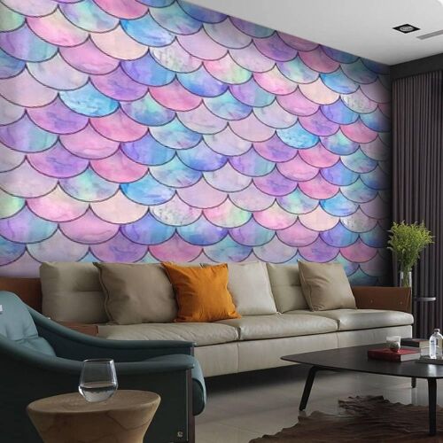 Mermaid Fish Scale Seamless Pattern Watercolor PVC Removable Self-Adhesive Contact Paper Peel and Stick Waterproof Wallpaper - Lot 110