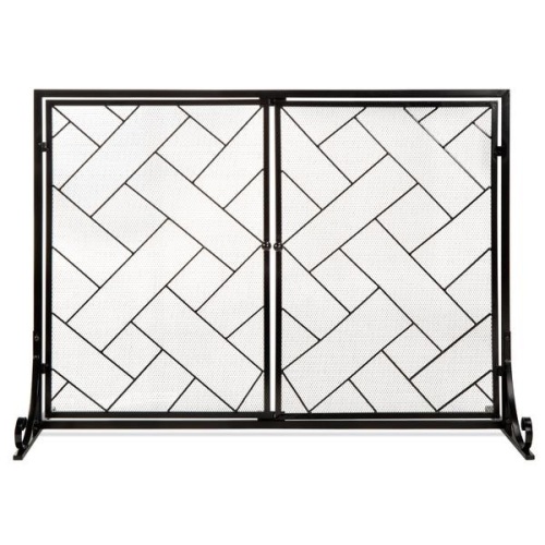2-Panel Wrought Iron Geometric Fireplace Screen w/ Magnetic Doors  - Lot 684