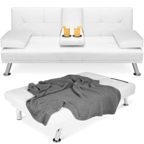 Faux Leather Upholstered Convertible Sofa Bed Futon w/ 2 Cupholders  - Lot 167