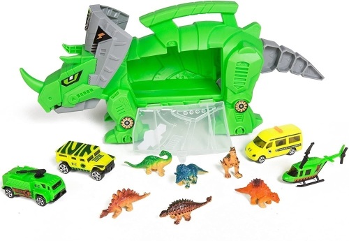 Lot of (3) Triceratops Car-Carrier Set w/ Handle, Wheels, 4 Vehicles, 6 Dinosaurs  - Lot 382