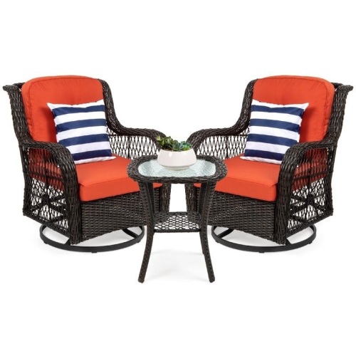 3-Piece Patio Wicker Bistro Furniture Set w/ 2 Swivel Rocking Chairs, Table  - Lot 56