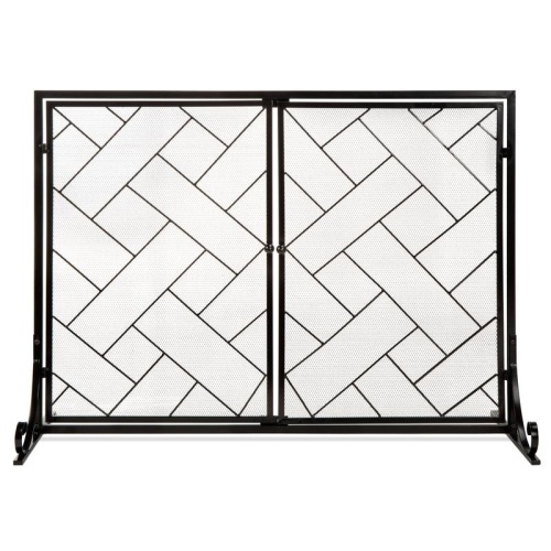 2-Panel Wrought Iron Geometric Fireplace Screen w/ Magnetic Doors   - Lot 1045