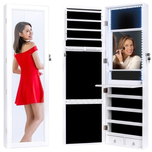 Door/Wall Mount Mirror Jewelry Cabinet Armoire w/ Inside Mirror, LED Lights  - Lot 365