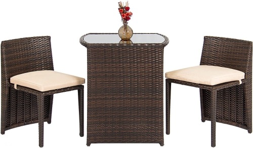 3-Piece Patio Wicker Bistro Set for Small Spaces with Glass Top Table and 2 Chairs  - Lot 54