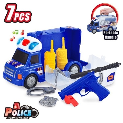 Lot of (3) 7-Piece Kids Portable Police Truck Pretend Play Toy Set w/ Storage, LED Lights, Sounds, Accessories  - Lot 825
