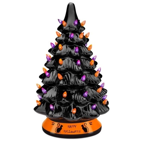 Ceramic Halloween Tabletop Tree w/ Orange & Purple Bulb Lights - 15in - Lot 53