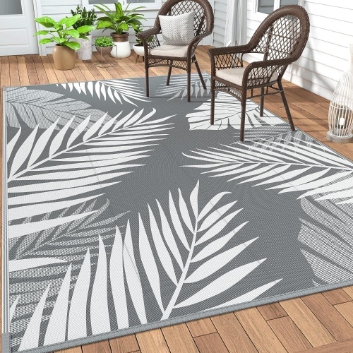 GENIMO Outdoor Rug 8' x 10' Waterproof for Patios Clearance, Reversible Plastic Straw Camping Rug Carpet, Large Area Rugs Mats for RV, Picnic, Backyard, Deck, Balcony, Porch, Beach, Grey&White - Lot 70